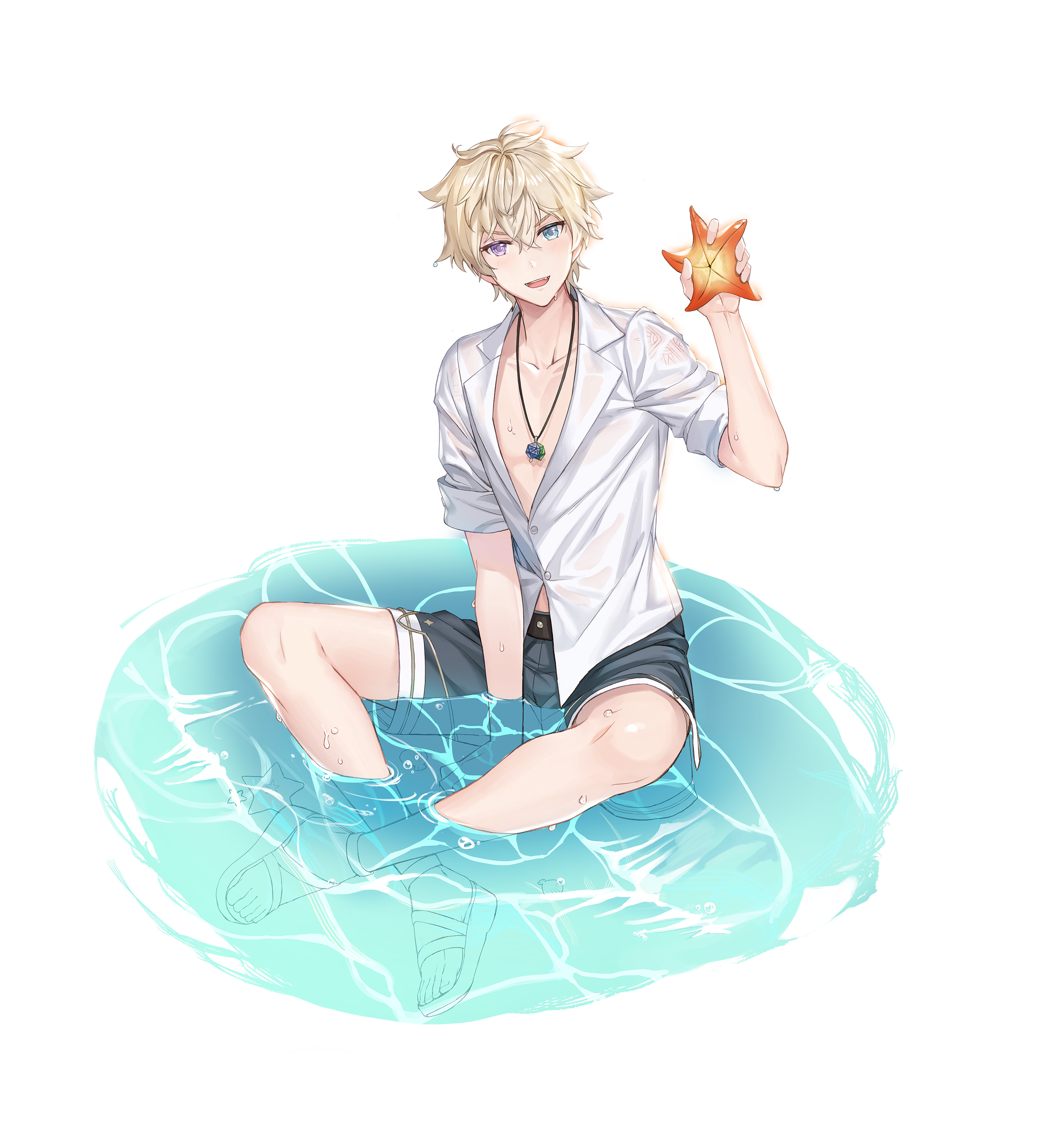 king's raid, absurdres, artist request, commentary, commentary request, english commentary, highres, korean commentary, mixed-language commentary, official art, second-party source, 1boy, between legs, black male swimwear, blonde hair, blue eyes, full body, hand between legs, heterochromia, jewelry, looking at viewer, low neckline, lucias (king's raid), male swimwear, necklace, official alternate costume, partially submerged, purple eyes, sandals, shirt, short hair, sitting, smile, solo, starfish, wet, wet clothes, wet shirt, white sandals, white shirt