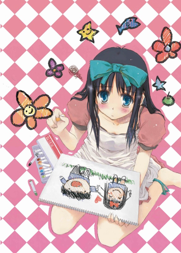 coloring, tohno akiha, tohno shiki, original, tsukihime, drawing, 00s, 1girl, aged down, black hair, blue eyes, blush, child's drawing, confused, crayon, female focus, hair ribbon, long hair, ribbon, sitting, solo, squiggle