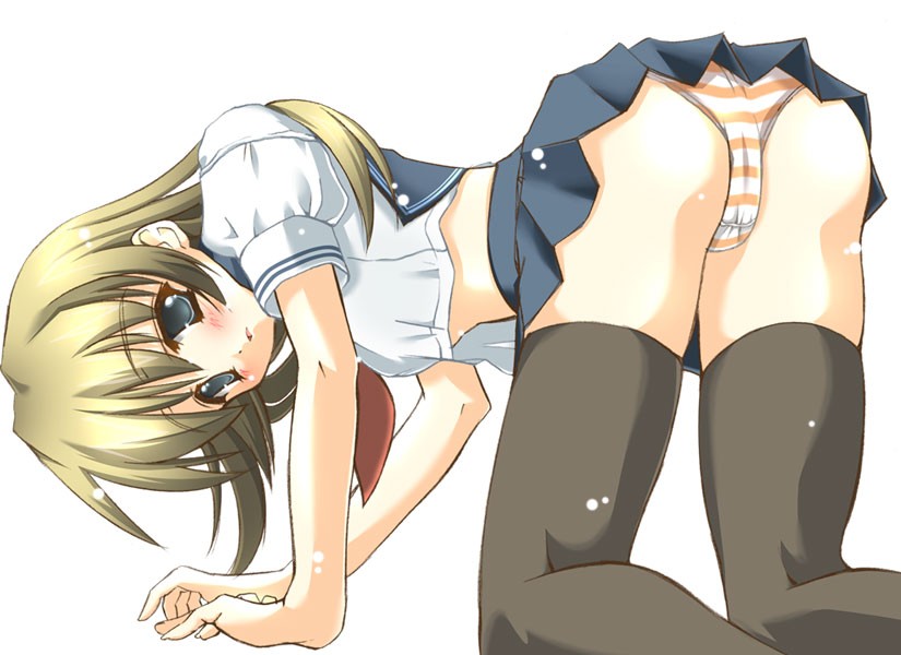original, 1girl, all fours, ass, black thighhighs, blue eyes, blush, brown hair, female focus, long hair, looking back, miniskirt, orange panties, panties, pleated skirt, school uniform, serafuku, simple background, skirt, solo, striped clothes, striped panties, thighhighs, underwear, white background