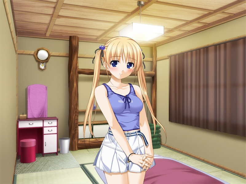 kani biimu, mukai mana, nami no manimani, game cg, 1girl, blonde hair, blue eyes, blush, breasts, clock, cowboy shot, cube hair ornament, female focus, hair ornament, indoors, long hair, medium breasts, ribbon, skirt, solo, tatami, twintails, wall clock