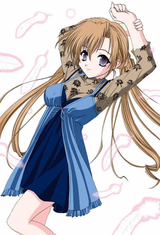 sakuya (sister princess), sister princess, 00s, blue eyes, brown hair, feathers, long hair, solo, stretching