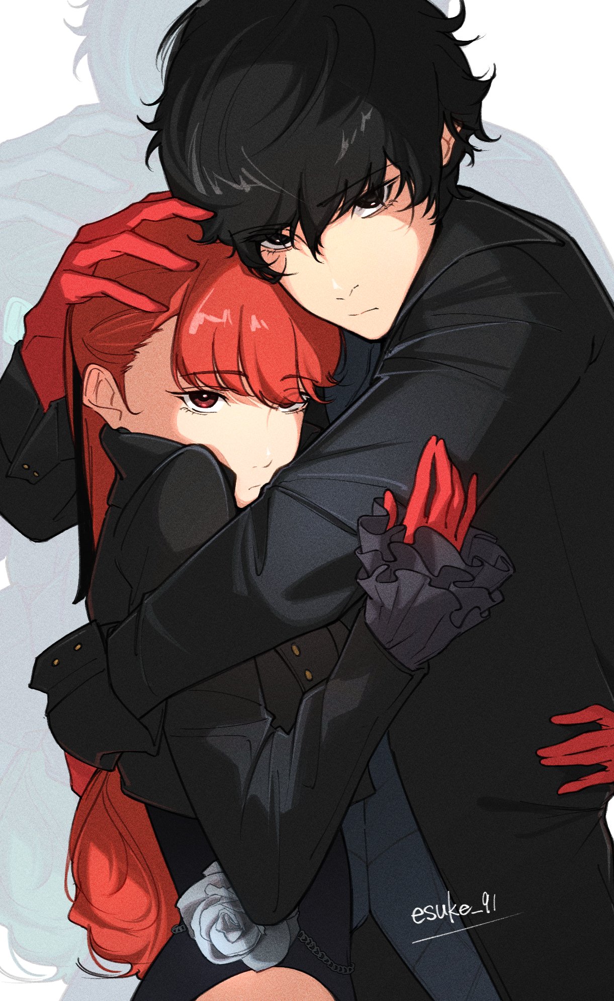 esuke9, amamiya ren, yoshizawa kasumi, persona, persona 5, highres, 1boy, 1girl, black hair, black jacket, flower, frilled sleeves, frills, gloves, hair over one eye, hand on another's head, hand up, hug, jacket, long hair, looking at viewer, ponytail, red gloves, red hair, rose, shadow, short hair, upper body, white flower, white rose