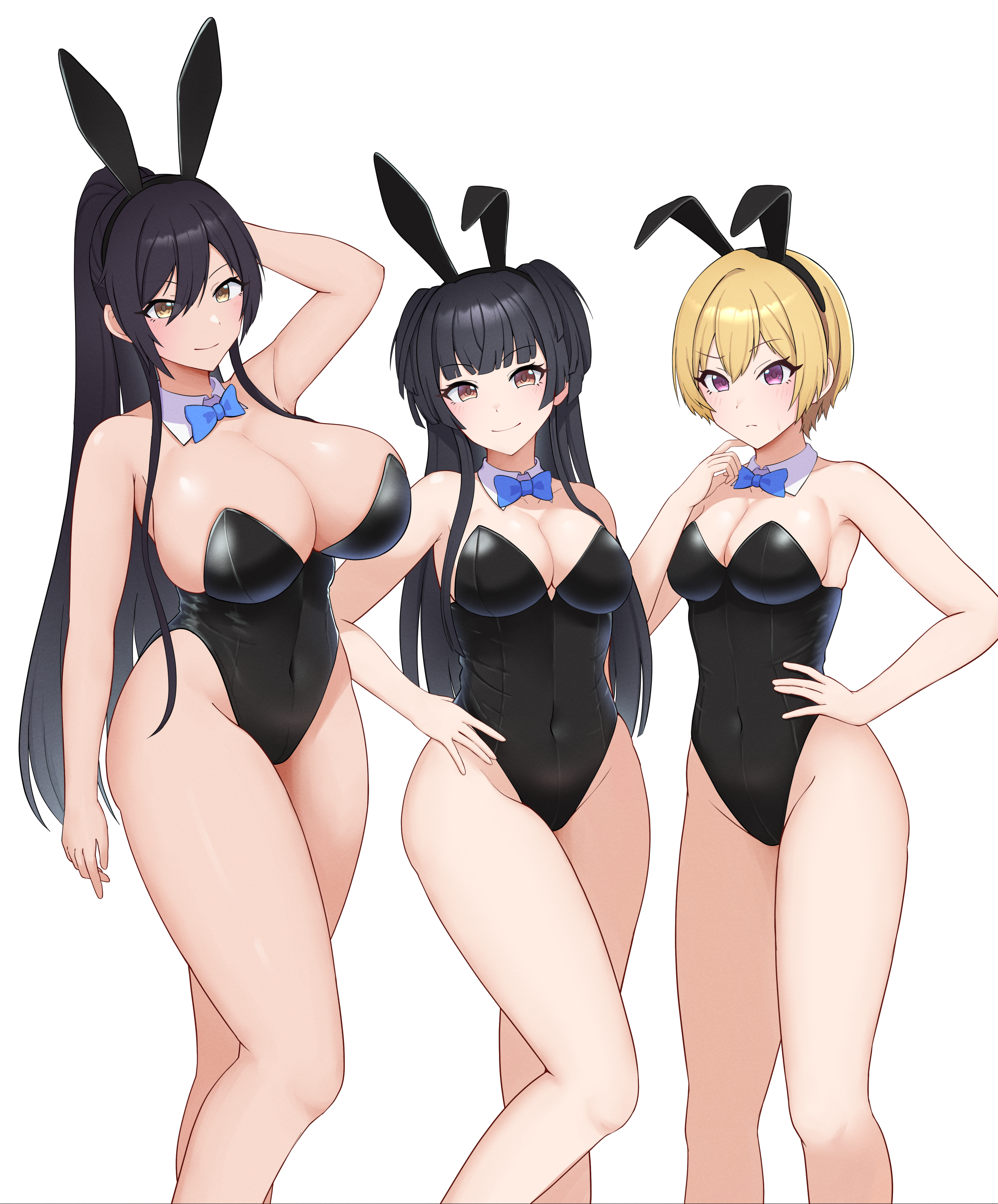 neon030, mayuzumi fuyuko, saijo juri, shirase sakuya, idolmaster, idolmaster shiny colors, absurdres, highres, 3girls, animal ear hairband, animal ears, bare legs, black hair, black leotard, blonde hair, blue bow, blue bowtie, bow, bowtie, breasts, brown eyes, detached collar, fake animal ears, hairband, large breasts, leotard, long hair, medium breasts, multiple girls, playboy bunny, ponytail, purple eyes, rabbit ears, short hair, simple background, strapless, strapless leotard, two side up, white background