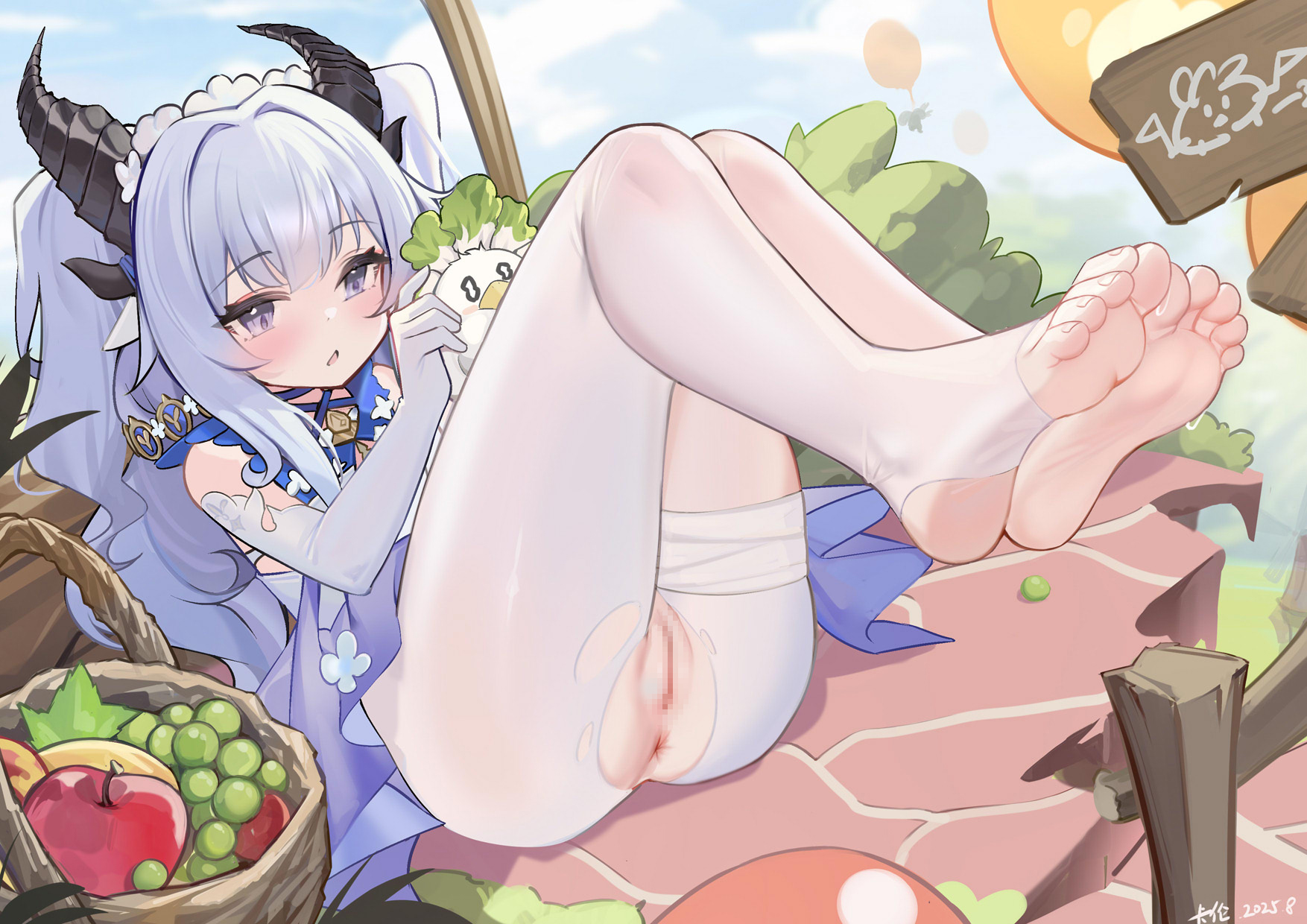 kalun (fwme3378), abby (azur promilia), azur promilia, highres, paid reward available, 1girl, :<, animal, anus, bandaged leg, bandages, blue dress, blue hair, censored, dragon girl, dragon horns, dress, feet, fruit basket, grey eyes, holding, holding animal, horns, mosaic censoring, pantyhose, pussy, single leg pantyhose, soles, solo, stirrup legwear, thighs, toeless legwear, toes, torn clothes, torn pantyhose, two-tone dress, white pantyhose