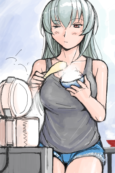 tsuda nanafushi, suigintou, rozen maiden, silver hair, 00s, 1girl, bowl, breasts, casual, female focus, large breasts, red eyes, rice, rice bowl, rice cooker, shamoji, shorts, solo