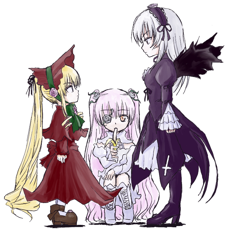 kirakishou, shinku, suigintou, rozen maiden, eyebrows, silver hair, 00s, 3girls, ankle ribbon, banana, bare shoulders, black wings, blonde hair, blue eyes, bonnet, boots, dress, drill hair, eating, expressionless, eye contact, eyepatch, flower, food, frills, fruit, full body, hair ribbon, hairband, height difference, leg ribbon, long hair, looking at another, looking down, looking up, multiple girls, pink hair, profile, puffy sleeves, purple eyes, red dress, ribbon, rose, shoes, simple background, sitting, standing, two side up, very long hair, wide sleeves, wings, yellow eyes