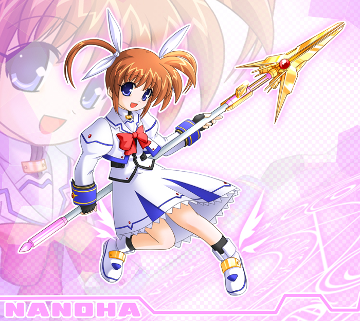 sumeragi kou, raising heart, takamachi nanoha, lyrical nanoha, mahou shoujo lyrical nanoha, mahou shoujo lyrical nanoha a's, winged footwear, 00s, 1girl, black gloves, blue eyes, boots, bow, brown hair, buckle, character name, cropped jacket, female focus, fingerless gloves, full body, gloves, hair ribbon, holding behind back, holding weapon behind back, long hair, looking at viewer, magazine (weapon), magic circle, magical girl, open mouth, polearm, puffy sleeves, purple eyes, red bow, red hair, ribbon, shoes, skirt, skirt set, smile, solo, standing, standing on one leg, twintails, weapon, wings, zoom layer