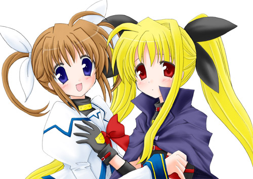 touma jun, fate testarossa, takamachi nanoha, lyrical nanoha, mahou shoujo lyrical nanoha, lowres, 00s, 2girls, blonde hair, blue eyes, blush, brown hair, buckle, cape, gloves, hair ribbon, hug, long hair, long sleeves, looking at viewer, multiple girls, puffy sleeves, red eyes, ribbon, smile, twintails, very long hair