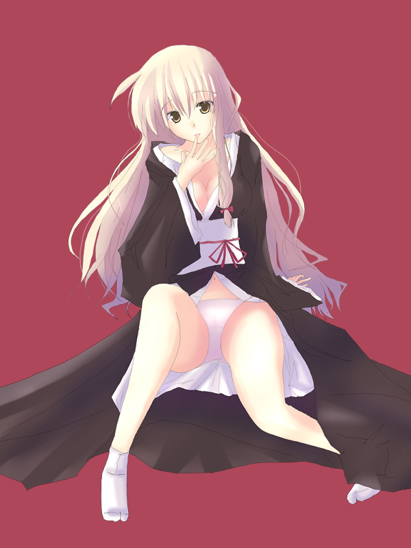 rock-231179, kirisame marisa, touhou, 1girl, blonde hair, female focus, japanese clothes, long hair, open clothes, panties, pantyshot, sitting, solo, tabi, underwear, upskirt, white hair, white panties, yellow eyes