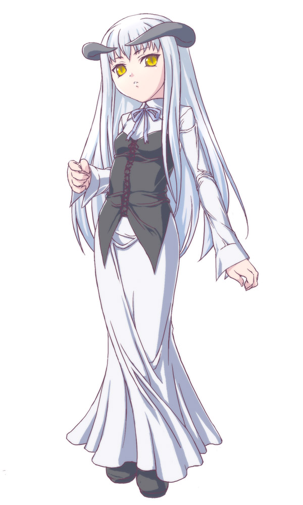 47agdragon, original, silver hair, 1girl, breasts, demon horns, dress, female focus, horns, long hair, looking at viewer, simple background, solo, yellow eyes