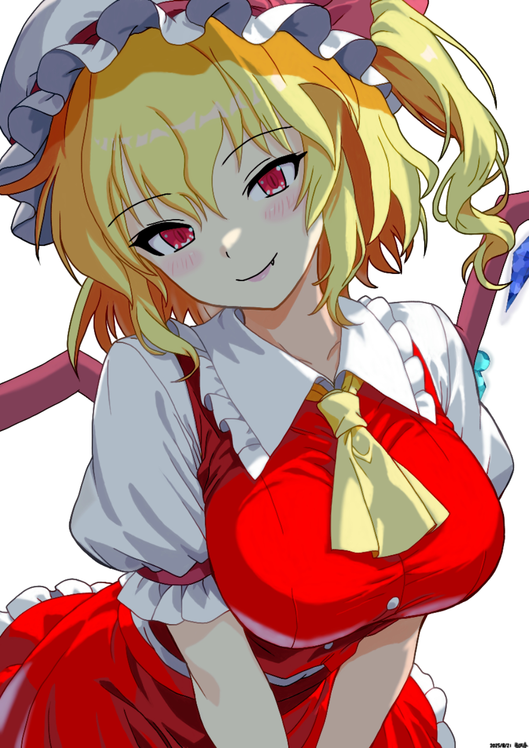 mist9801km, flandre scarlet, touhou, commentary request, highres, 1girl, aged up, alternate breast size (larger), ascot, blonde hair, blush, breasts, closed mouth, collared shirt, crystal, crystal wings, dated, fang, fang out, frilled shirt collar, frills, hat, large breasts, looking at viewer, mob cap, multicolored wings, one side up, red eyes, red skirt, red vest, shirt, short sleeves, simple background, skirt, skirt set, smile, solo, vest, white background, white hat, white shirt, wings, yellow ascot