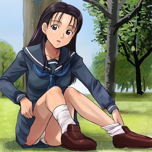 haruyama kazunori, kitahara tomoe, kitahara tomoe (sexy commando), sexy commando gaiden: sugoiyo! masaru-san, lowres, 1990s (style), 1girl, black eyes, black hair, blush, day, female focus, long hair, miniskirt, outdoors, panties, pantyshot, pleated skirt, retro artstyle, school uniform, serafuku, shoes, sitting, skirt, socks, solo, underwear, upskirt, white panties