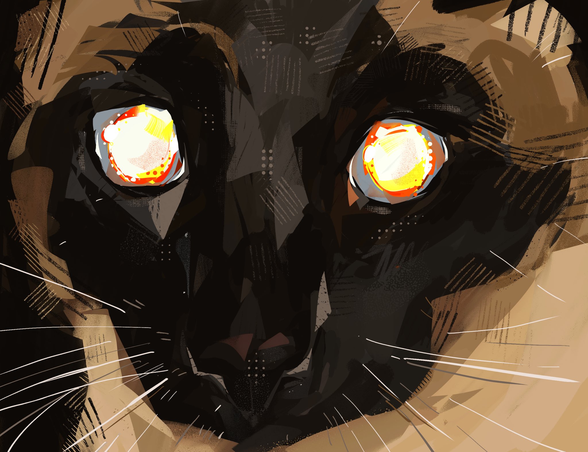 junbuug, original, commentary, english commentary, highres, animal focus, cat, close-up, empty eyes, fire, glowing, glowing eyes, looking at viewer, no humans, painterly, reflective surface, siamese cat