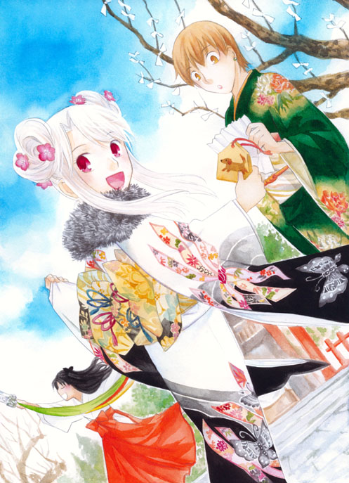 fujimura taiga, illyasviel von einzbern, tohsaka rin, fate/stay night, fate (series), 00s, 3girls, :d, :o, ^ ^, animal print, bare tree, black hair, brown eyes, brown hair, butterfly print, closed eyes, day, double bun, dutch angle, earrings, ema, floral print, flower, from behind, fur collar, furisode, hair bun, hair flower, hair ornament, hakama, hakama skirt, hatsumoude, holding, japanese clothes, jewelry, kimono, lipstick, long hair, looking at viewer, looking back, makeup, miko, multiple girls, new year, omikuji, open mouth, outdoors, profile, red eyes, short hair, shrine, skirt, sky, smile, tree, white hair
