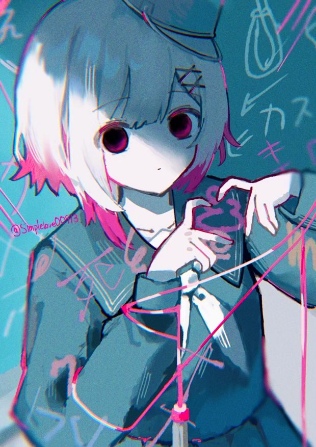 simple ice, sakuraba ema, mahou shoujo no majo saiban, commentary request, 1girl, black sailor collar, black serafuku, black skirt, bucket, bucket on head, chalk drawing, chalkboard, colored tips, empty eyes, expressionless, finger heart, hair ornament, long sleeves, looking at viewer, multicolored hair, neckerchief, object on head, pink string, sailor collar, school uniform, serafuku, skirt, solo, white neckerchief, x hair ornament