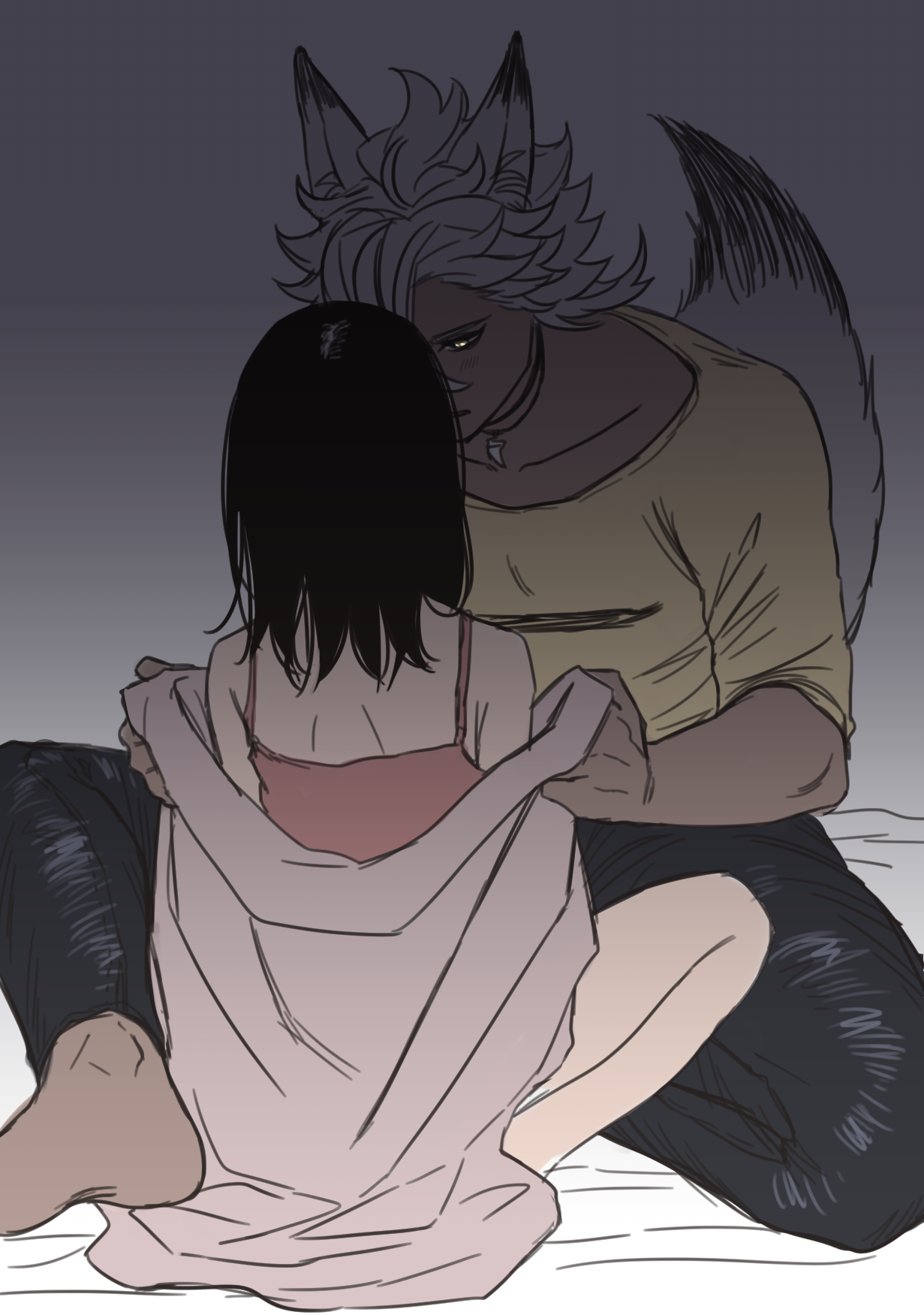 kmkm puddiiiing, jack howl, yuu (twisted wonderland), twisted wonderland, commentary request, highres, 1boy, 1girl, animal ears, bed sheet, black hair, blanket, camisole, covering with blanket, dark-skinned male, dark skin, glowing, glowing eyes, grey background, grey hair, hetero, holding, holding blanket, looking at another, shirt, sitting, slit pupils, tail, wolf boy, wolf ears, wolf tail, yellow eyes, yellow shirt