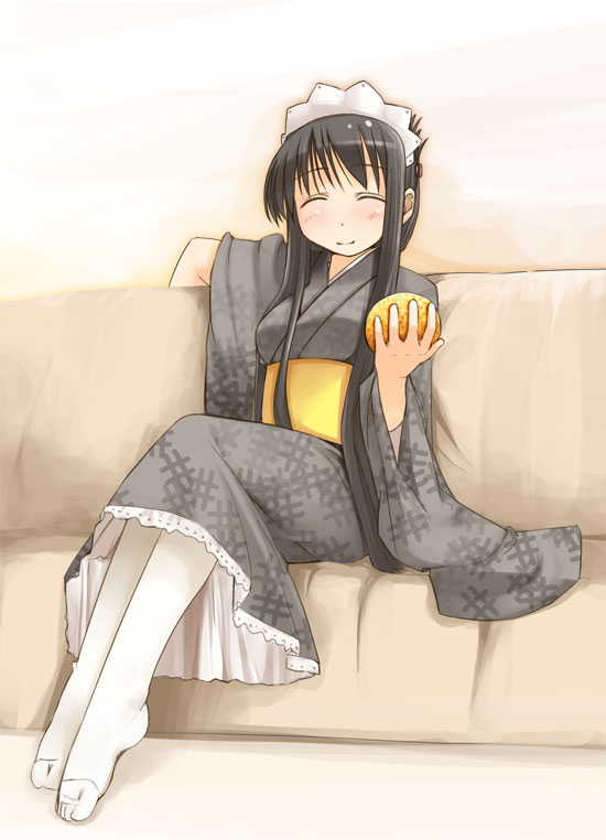 jirou (chekoro), original, 1girl, blush, closed eyes, feet, female focus, food, fruit, full body, gradient background, japanese clothes, kneehighs, maid, orange (fruit), pantyhose, smile, socks, solo, toes
