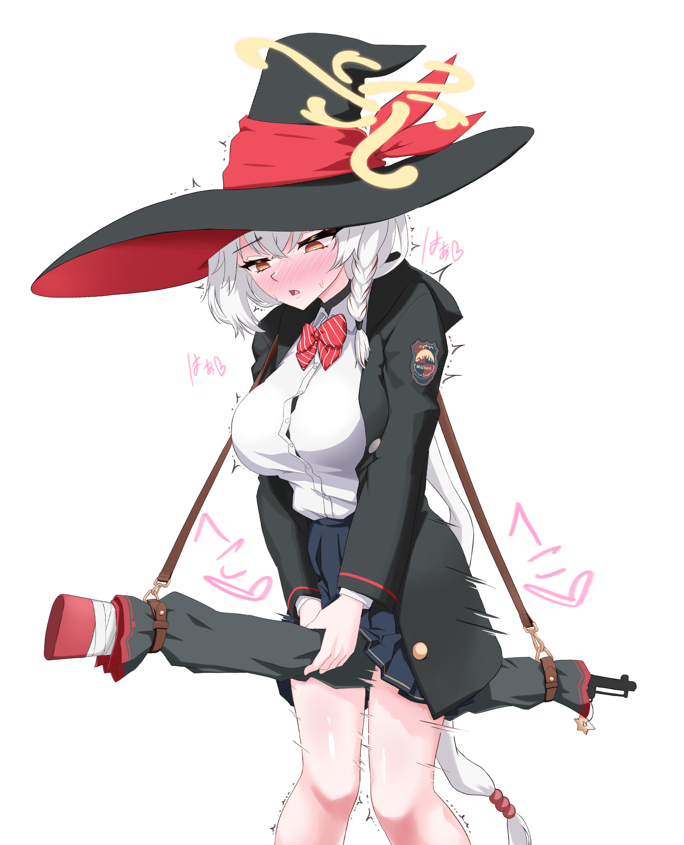 eri (blue archive), blue archive, between legs, blush, bow, bowtie, braid, gun, halo, hat, jacket, long coat, long hair, orange eyes, rubbing, shirt, skirt, sweater, thighs, weapon, white hair, witch hat