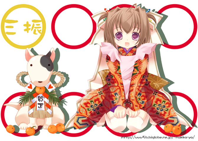 tokumi yuiko, tamachan (binzume yousei), binzume yousei, 00s, 1girl, :d, ahoge, apron, brown hair, fang, female focus, food, fruit, hair ribbon, hands on own knees, japanese clothes, kimono, looking at viewer, mandarin orange, new year, open mouth, purple eyes, ribbon, rope, shide, sitting, smile, solo, thighhighs, watermark, web address, white thighhighs