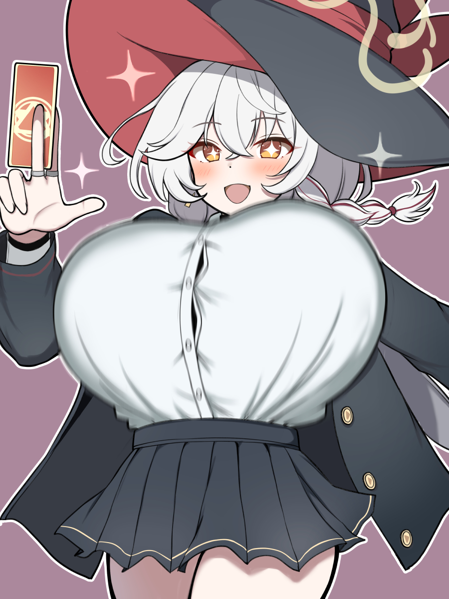eri (blue archive), blue archive, bow, bowtie, braid, breasts, card, halo, hat, holding, holding card, jacket, large breasts, long coat, long hair, orange eyes, shirt, skirt, sparkle, sparkling eyes, sweater, white hair, witch hat