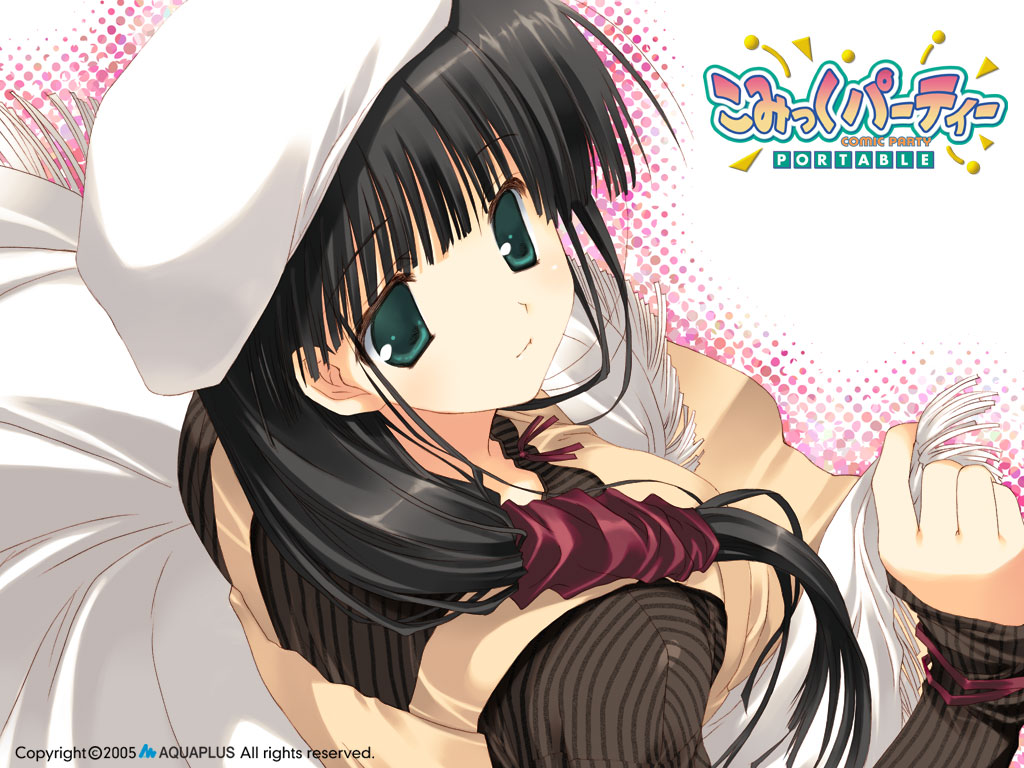 hasebe aya, comic party, 00s, beret, black hair, copyright name, fringe trim, green eyes, hat, looking up, solo, white hat