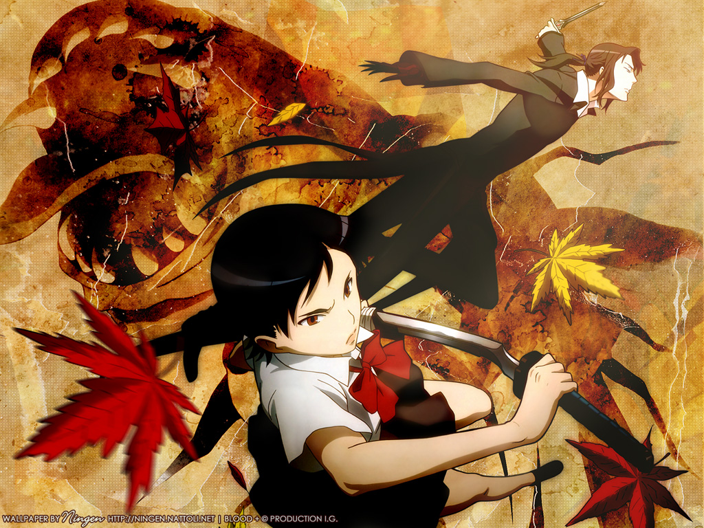 hagi (blood+), otonashi saya, blood+, 00s, 1girl, black hair, katana, red eyes, school uniform, serafuku, short hair, sword, weapon