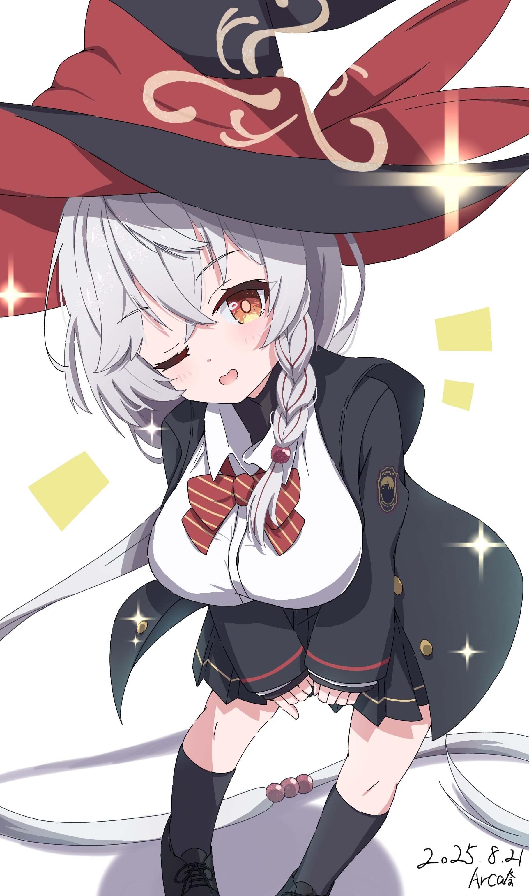 foolforpriconne, eri (blue archive), blue archive, ankle socks, blush sticker, bow, bowtie, braid, halo, hat, jacket, long coat, long hair, one eye closed, orange eyes, pinky out, shirt, shoes, skirt, socks, sparkle, sweater, white hair, wink, witch hat