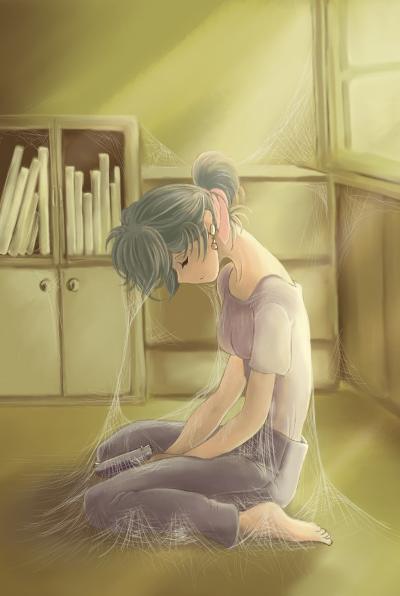 amano takumi, hatsuseno alpha, yokohama kaidashi kikou, duplicate, 1girl, bad anatomy, earrings, female focus, gun, handgun, indoors, jewelry, lonely, pistol, poorly drawn, sad, silk, sleeping, solo, spider web, weapon