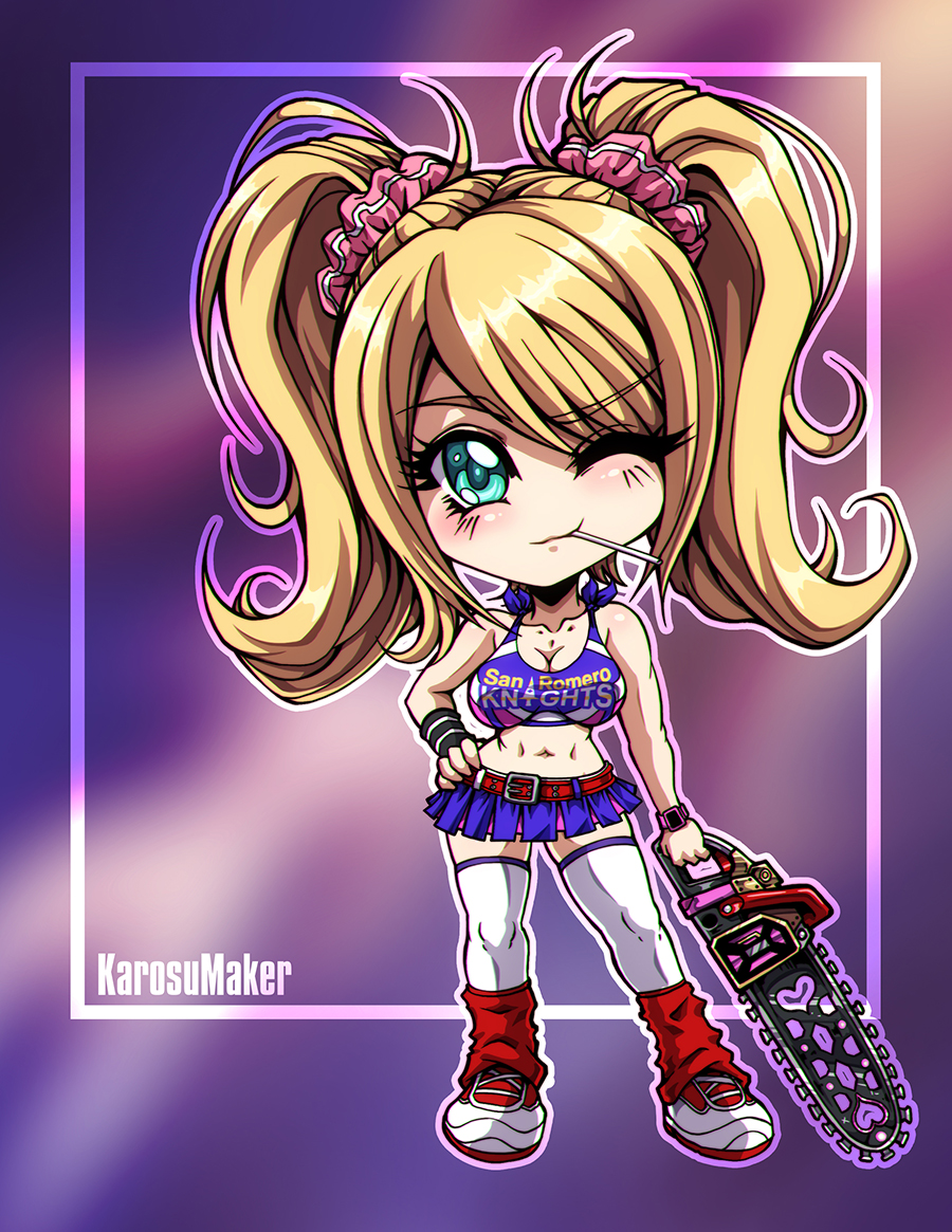 karosu maker, juliet starling, lollipop chainsaw, commission, 1girl, ;), aqua eyes, artist name, belt, blonde hair, blurry, blurry background, blush, breasts, candy, chainsaw, cheerleader, chibi, chibi only, cleavage, female focus, food, full body, hair ornament, hair scrunchie, hand on own hip, holding, holding chainsaw, inset border, large breasts, leg warmers, lollipop, lollipop in mouth, long hair, looking at viewer, midriff, miniskirt, navel, one eye closed, purple shirt, purple skirt, red belt, scrunchie, shirt, shoes, skirt, smile, solo, standing, thighhighs, twintails, weapon, white shoes, white thighhighs, wink