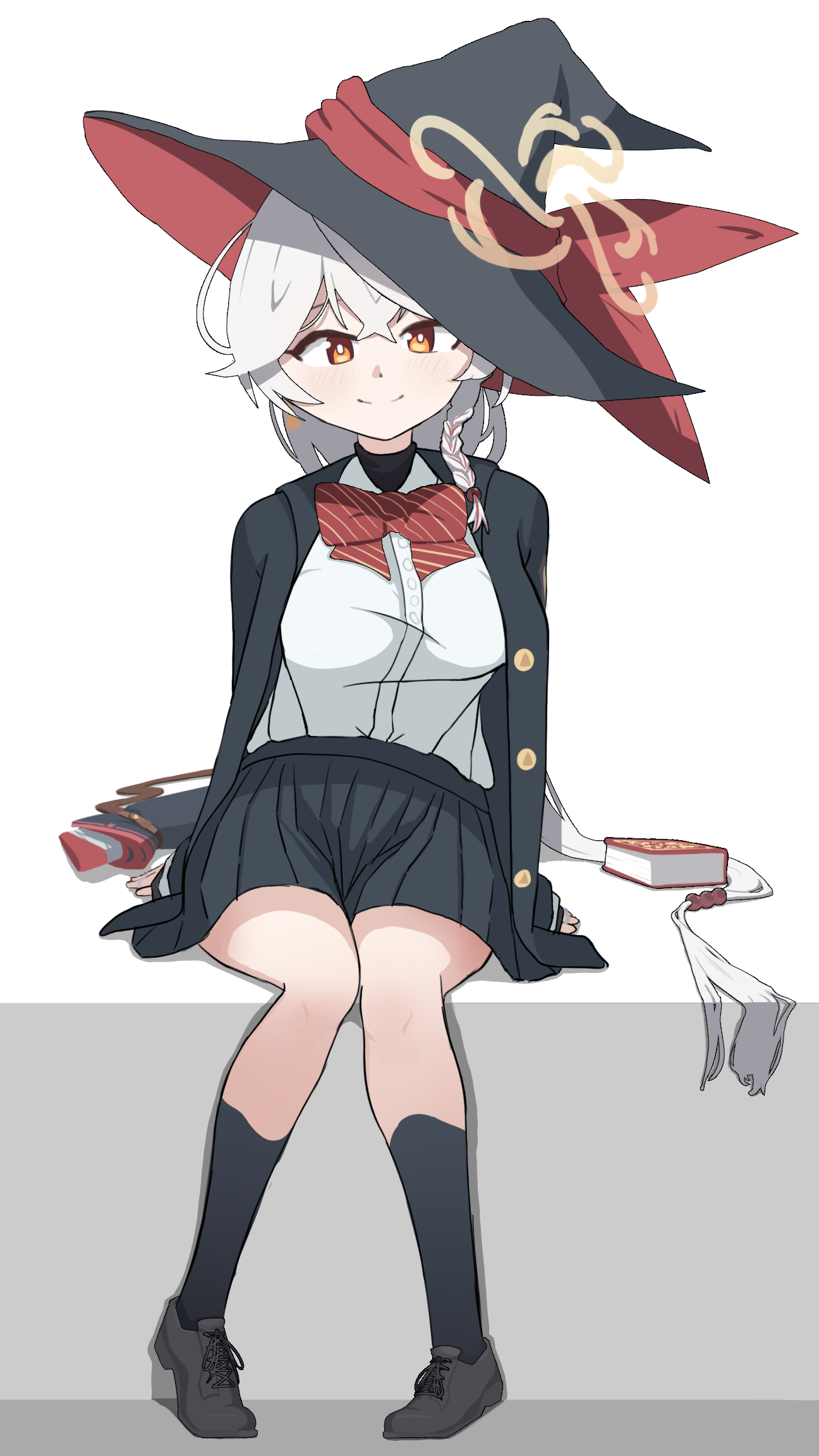 eri (blue archive), blue archive, ankle socks, book, bow, bowtie, braid, gun, halo, hat, jacket, long coat, long hair, orange eyes, shirt, shoes, sitting, skirt, smile, socks, sweater, weapon, white hair, witch hat