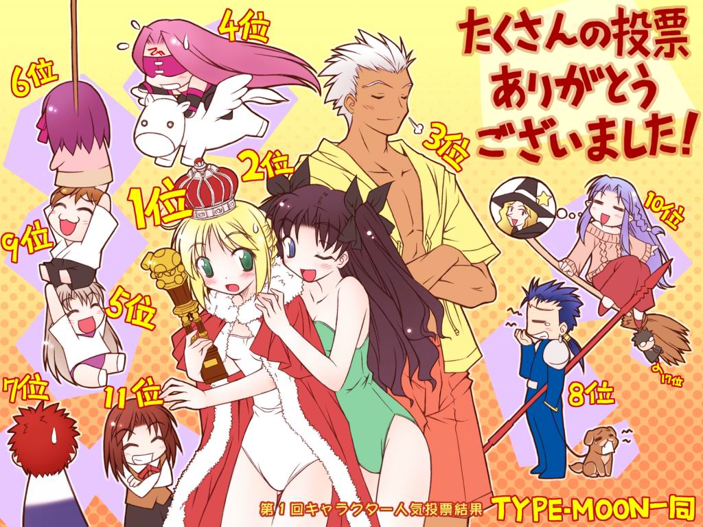 black (artist), archer (fate), artoria pendragon (fate), bellerophon (fate), cu chulainn (fate), cu chulainn (fate/stay night), emiya shirou, fujimura taiga, illyasviel von einzbern, kuzuki souichirou, matou sakura, medea (caster) (fate), medea (fate), medusa (fate), medusa (rider) (fate), mitsuzuri ayako, saber (fate), tohsaka rin, fate/stay night, fate (series), 00s, 3boys, 6+girls, blonde hair, blue eyes, blue hair, braid, breaker gorgon, brown sweater, bun with braided base, closed eyes, collarbone, crossed arms, crown, dark-skinned male, dark skin, dog, everyone, gae bolg (fate), green eyes, hair bun, height difference, homurabara academy school uniform, japanese text, multiple boys, multiple girls, one-piece swimsuit, one eye closed, popularity contest, red skirt, side braid, sidelocks, single hair bun, size difference, skirt, smile, speech bubble, sweat, sweater, swimsuit, thought bubble, twintails