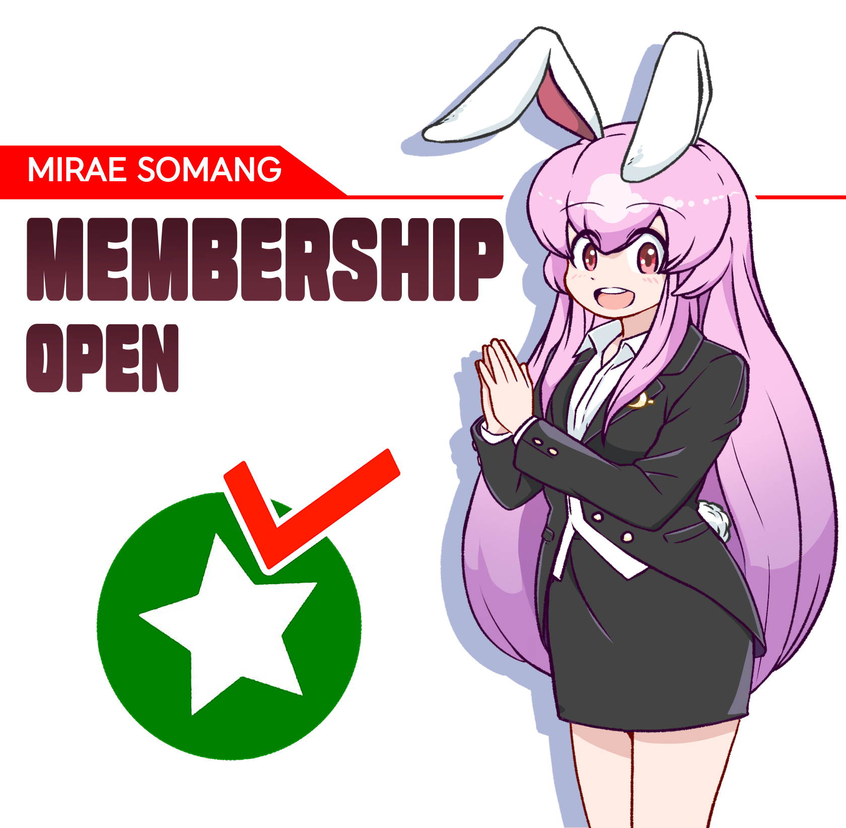 mirae somang, reisen udongein inaba, touhou, bilingual commentary, commentary, english commentary, highres, korean commentary, mixed-language commentary, 1girl, alternate costume, animal ears, artist name, black jacket, black skirt, breasts, collared shirt, crescent, crescent pin, english text, jacket, long hair, long sleeves, looking at viewer, office lady, open mouth, own hands together, palms together, purple hair, rabbit ears, rabbit girl, rabbit tail, red eyes, shadow, shirt, skirt, solo, tail, teeth, upper teeth only, very long hair, white shirt