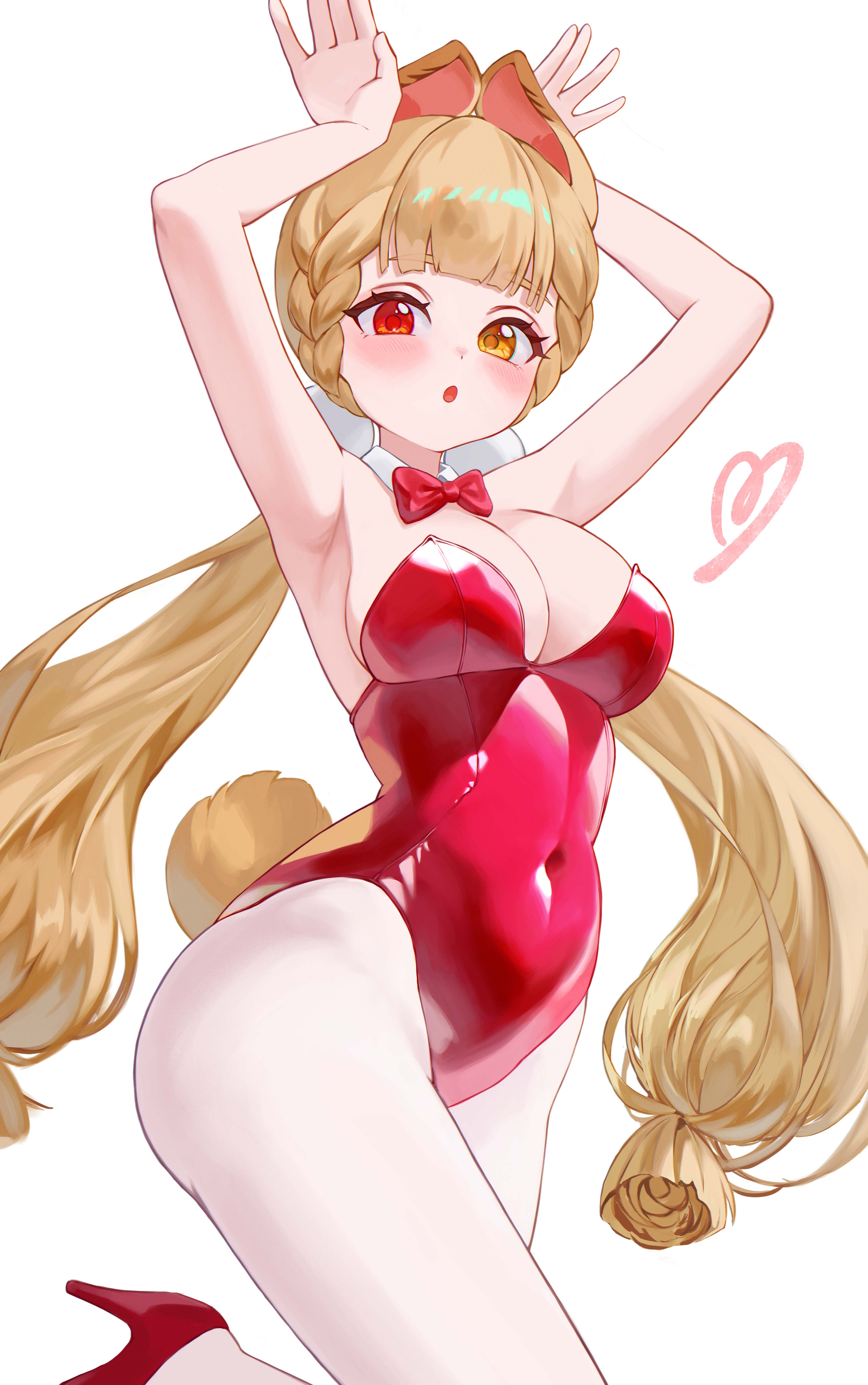 yamisroot, alice thymefield, zenless zone zero, absurdres, highres, 1girl, :o, animal ears, armpits, arms up, blonde hair, blush, bow, bowtie, breasts, covered navel, detached collar, heart, heterochromia, high heels, large breasts, leotard, looking at viewer, pantyhose, rabbit ears, rabbit pose, rabbit tail, red bow, red bowtie, red eyes, red leotard, red shoes, shoes, solo, sphere hair ornament, strapless, strapless leotard, tail, twintails, white pantyhose, yellow eyes
