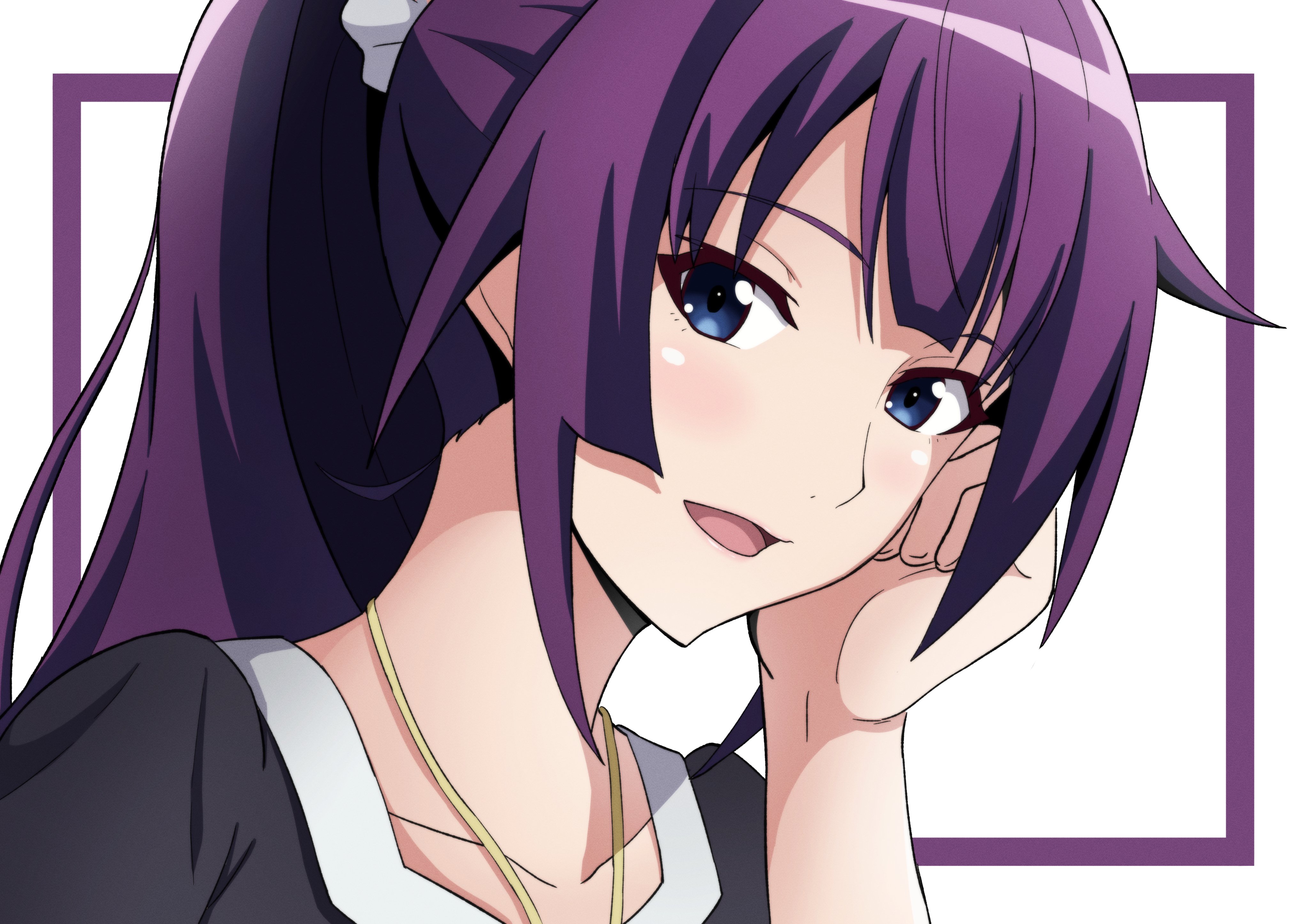 kakukakusan, senjougahara hitagi, bakemonogatari, monogatari (series), absurdres, highres, 1girl, :d, blue eyes, blush, collarbone, eyelashes, hair ornament, hair scrunchie, hand up, jewelry, long hair, looking at viewer, necklace, open mouth, ponytail, portrait, purple hair, scrunchie, smile, solo, white background