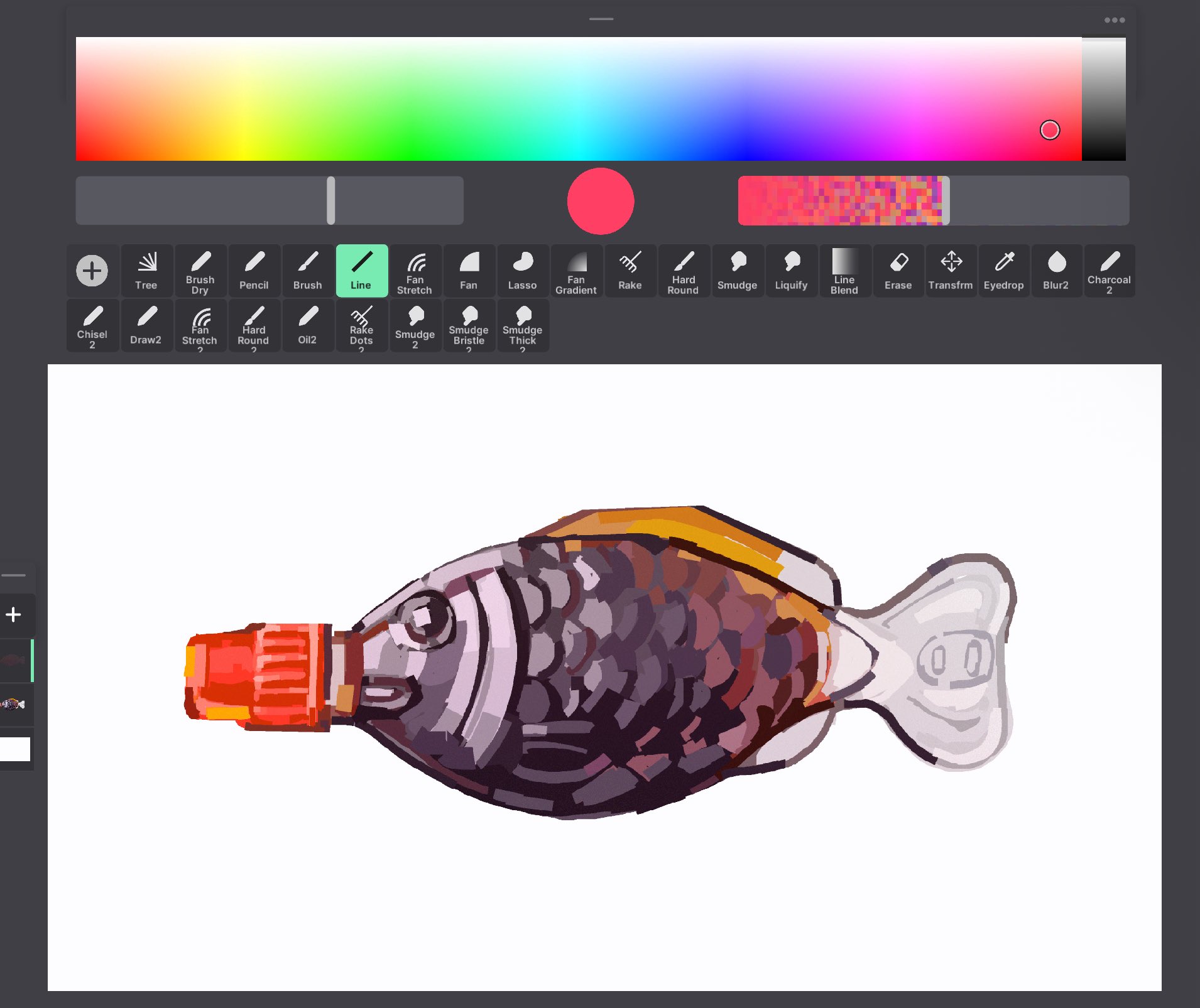 junbuug, original, screencap, commentary, english commentary, highres, art program in frame, fish, no humans, object focus, painterly, shouyudai, simple background, soy sauce bottle, white background