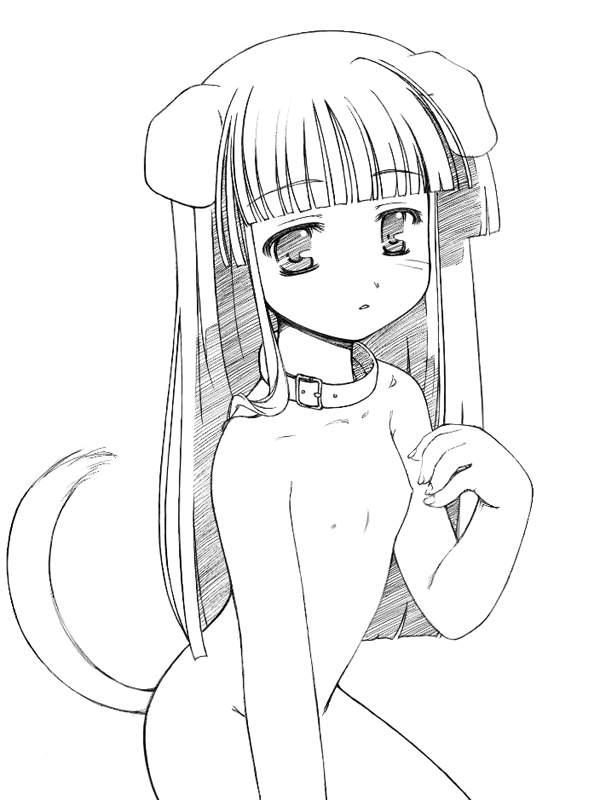 sige, copyright request, 1girl, animal ears, collar, dog ears, female focus, flat chest, greyscale, leash, loli, monochrome, new year, nipples, nude, sketch, solo, tail
