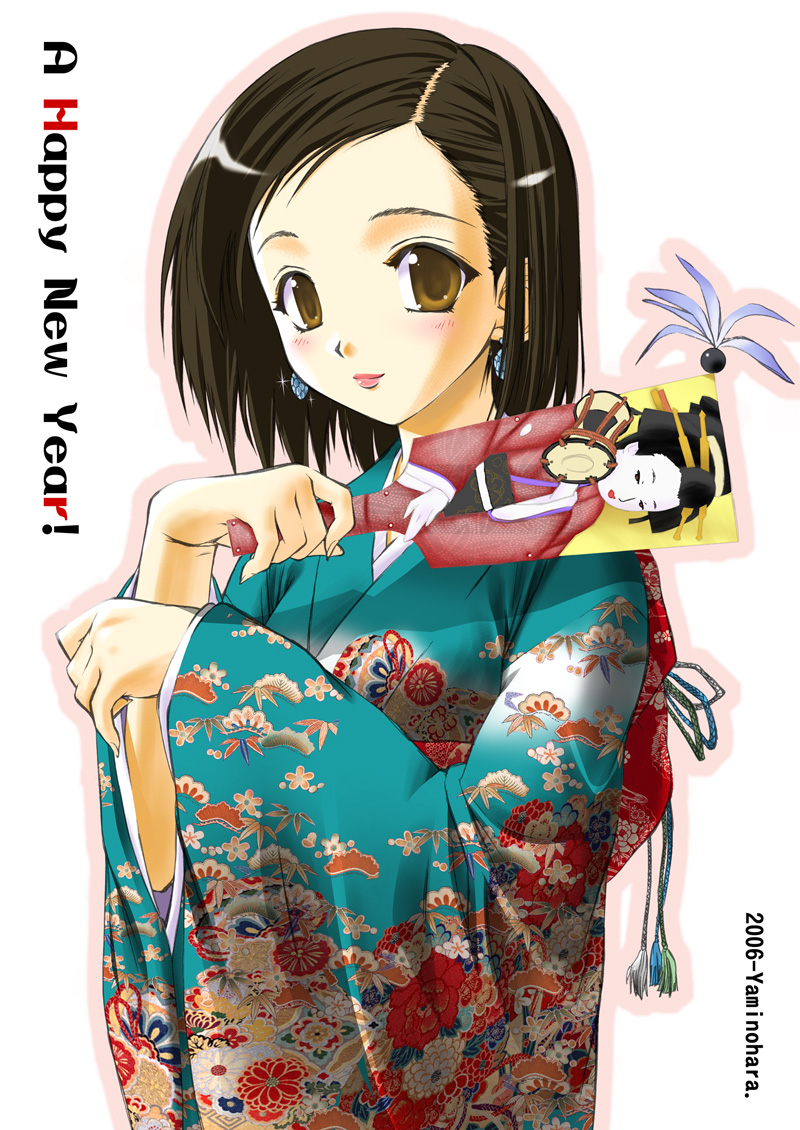 yaminohara, original, 00s, 1girl, 2006, artist name, blush, brown eyes, brown hair, earrings, female focus, hagoita, hanetsuki, happy new year, japanese clothes, jewelry, kimono, lipstick, looking at viewer, makeup, new year, paddle, simple background, solo
