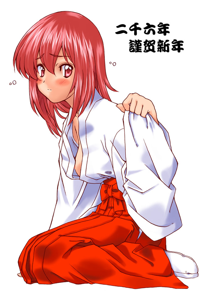 kamia (not found), kasuga aya, original, traditional clothes, translation request, 00s, 1girl, 2006, areola slip, blush, breasts, female focus, hakama, hakama skirt, japanese clothes, kimono, long sleeves, looking at viewer, medium breasts, miko, new year, nipple slip, nipples, no bra, open clothes, open shirt, red eyes, red hair, red hakama, shirt, skirt, solo