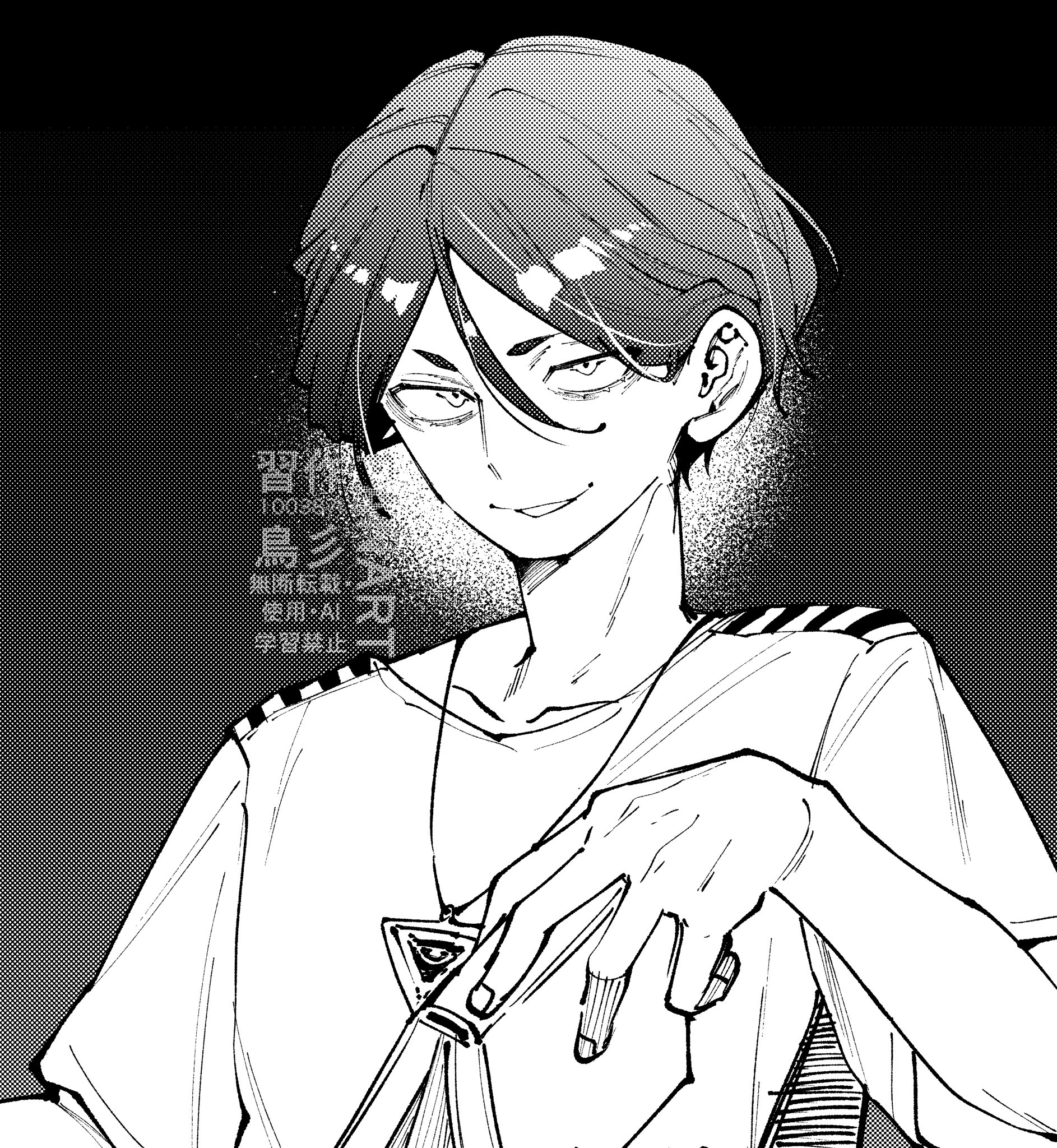 100387l, meguriya ayumu, toshi densetsu kaitai center, highres, 1boy, black background, collarbone, english text, gradient background, grey background, greyscale, grin, hair between eyes, hand up, looking at viewer, male focus, monochrome, shirt, short hair, smile, solo, teeth, triangle necklace, upper body, watermark, white shirt