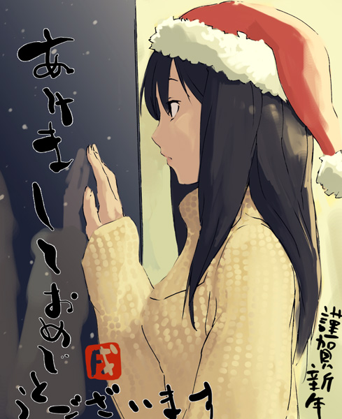 jiyu2, original, translation request, 1girl, akeome, black hair, female focus, happy new year, hat, indoors, long hair, long sleeves, new year, profile, santa hat, snow, solo, sweater, window