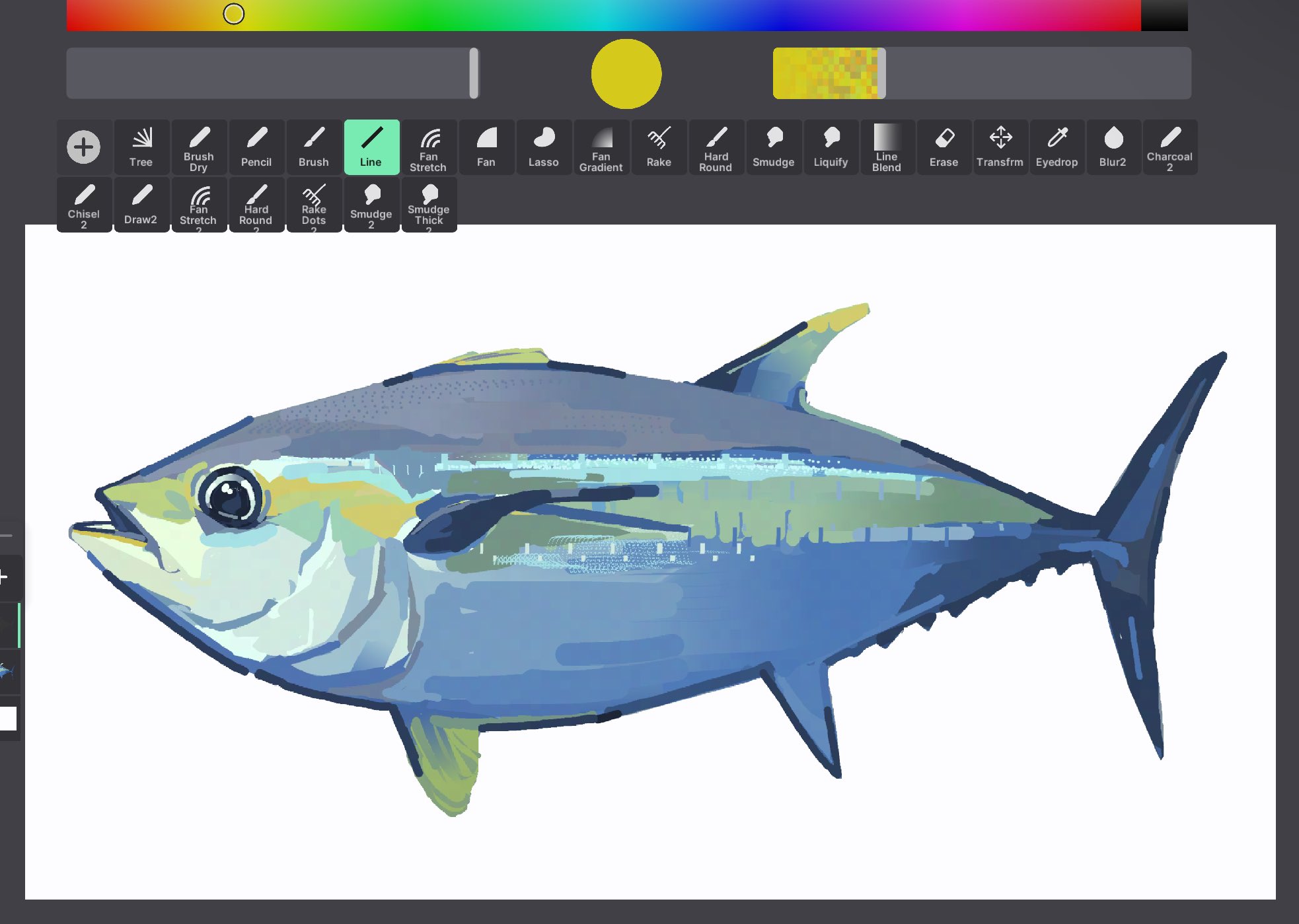 junbuug, original, screencap, commentary, english commentary, highres, animal focus, art program in frame, fish, no humans, painterly, simple background, tuna, white background