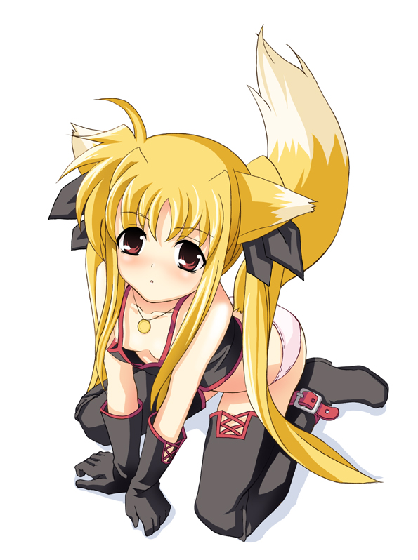 date (senpen), fate testarossa, lyrical nanoha, mahou shoujo lyrical nanoha, 00s, 1girl, animal ears, blonde hair, breasts, female focus, fox ears, fox tail, nipple slip, nipples, small breasts, solo, tail, thighhighs