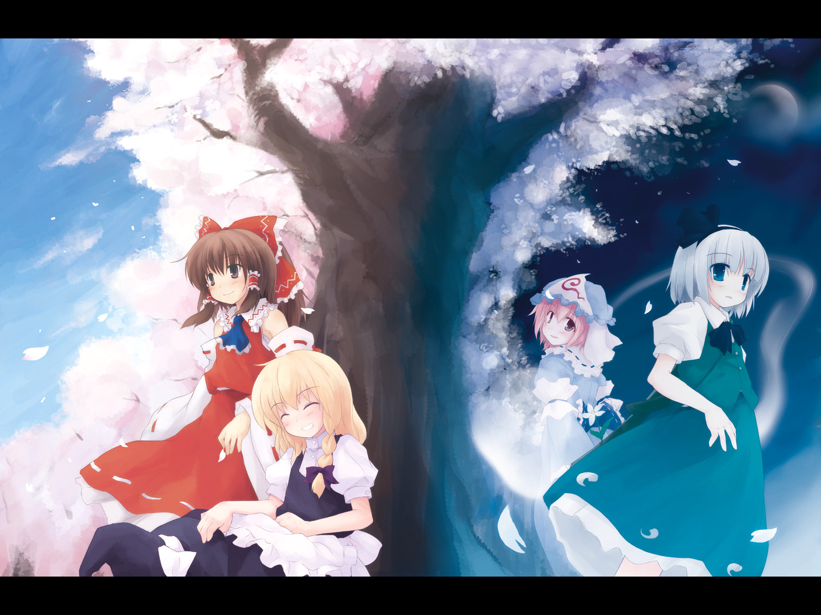 yukitarou (awamori), hakurei reimu, kirisame marisa, konpaku youmu, konpaku youmu (ghost), saigyouji yuyuko, touhou, silver hair, highres, 4girls, against tree, blonde hair, blue eyes, bob cut, bow, braid, brown eyes, brown hair, cherry blossoms, closed eyes, day, detached sleeves, female focus, grin, hair bow, hairband, happy, hat, hitodama, letterboxed, long hair, multiple girls, night, outdoors, petals, pink eyes, pink hair, short hair, smile, tree, under tree, unworn hat, unworn headwear, witch hat