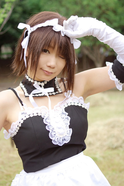 chocoball, sawatari izumi, kore ga watashi no goshujin-sama, real life, cosplay photo, photo (medium), 1girl, :3, arm garter, asian, cosplay, female focus, japanese (nationality), maid, nakabayashi yoshitaka's maid uniform, one eye closed, sawatari izumi (cosplay), solo, wink