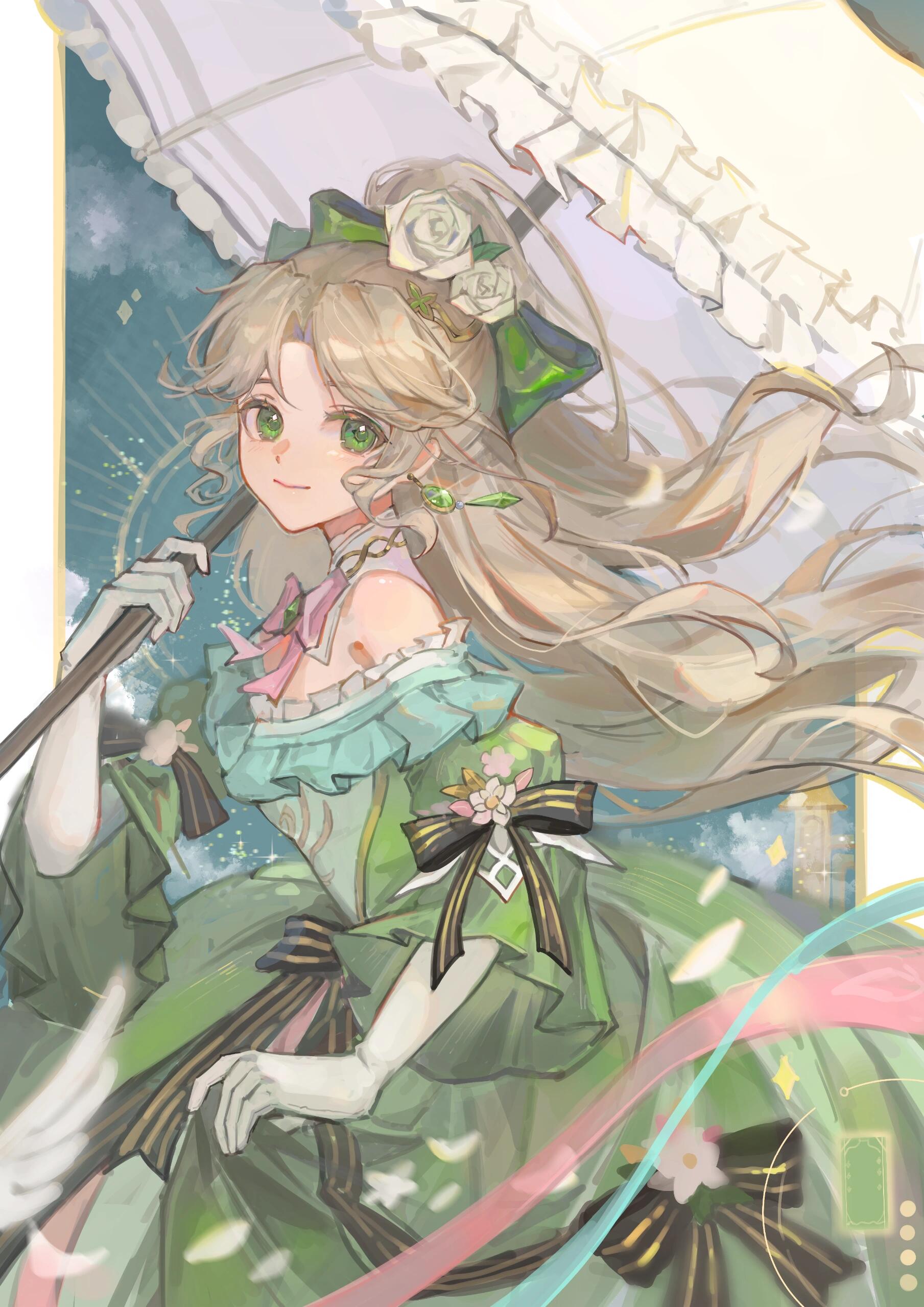 audrey hall, lord of the mysteries, wangzhe rongyao, absurdres, bad source, highres, 1girl, bare shoulders, bird, bow, chiyikou tuji, closed mouth, dove, dress, earrings, elbow gloves, flower, frills, gloves, green dress, green eyes, hair bow, hair flower, hair ornament, high ponytail, holding, holding umbrella, jewelry, long hair, looking at viewer, off-shoulder dress, off shoulder, parasol, pink bow, ponytail, ribbon, rose, skirt hold, smile, solo, umbrella, white flower, white gloves, white rose