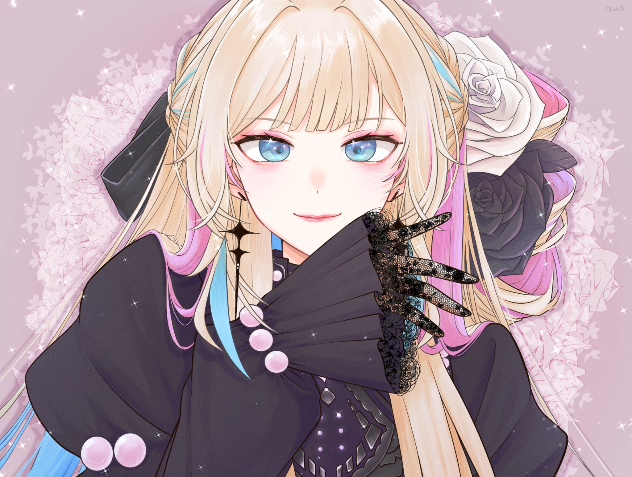 usagikurumi777, utsugi uyu, holostars, highres, 1boy, bishounen, black dress, black flower, black ribbon, black rose, blue eyes, blue hair, blush, crossdressing, crossdressing (mtf), dress, earrings, eyelashes, eyeshadow, floral background, flower, gloves, hair flower, hair ornament, hair ribbon, hand up, jewelry, juliet sleeves, lace, lace-trimmed sleeves, lace gloves, lace trim, lipgloss, lips, lipstick, long hair, long sleeves, looking at viewer, makeup, male focus, multicolored hair, ojou-sama pose, pink eyeshadow, pink hair, pink lips, puffy sleeves, ribbon, rose, solo, sparkle, sparkle background, straight-on, streaked hair, trap, virtual youtuber, white flower, white hair, white rose