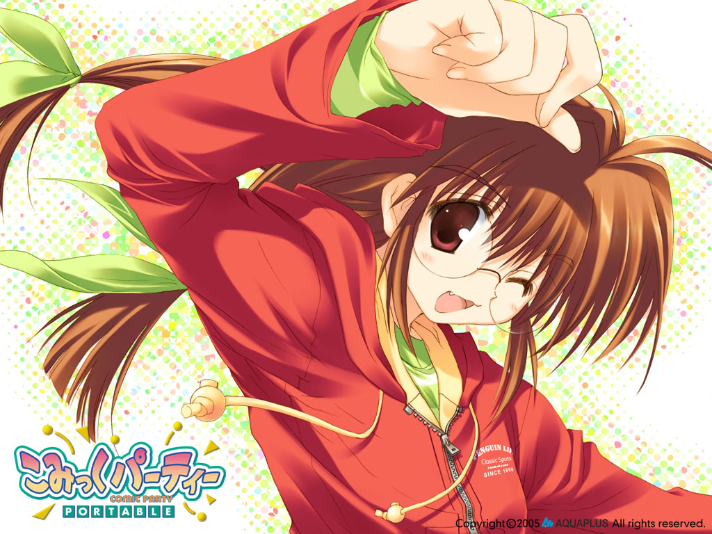 mitsumi misato, inagawa yuu, comic party, 00s, 1girl, brown eyes, brown hair, fang, female focus, glasses, long hair, one eye closed, open mouth, solo, wink