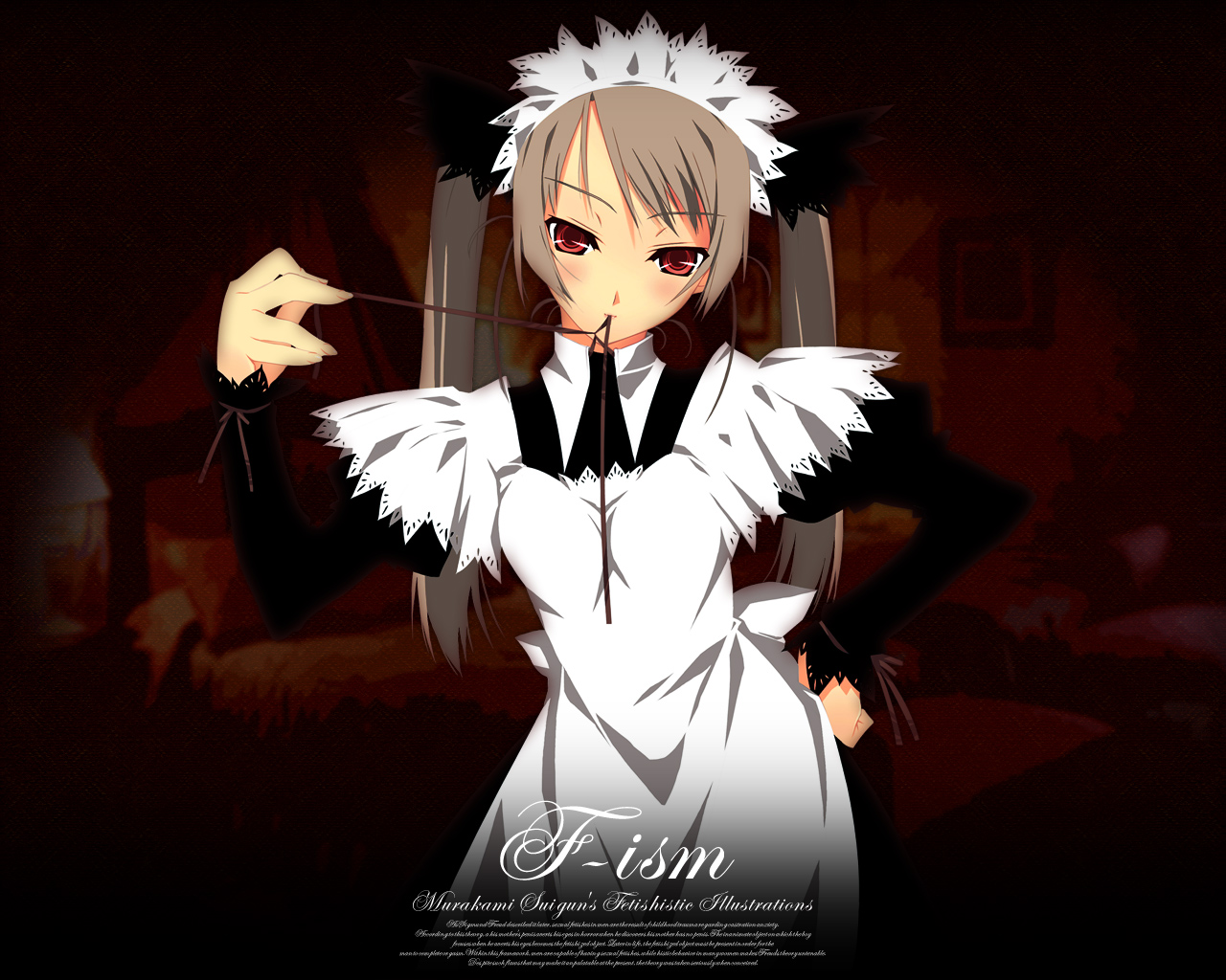 murakami suigun, f-ism, original, 1girl, apron, blush, brown hair, dark, female focus, hand on own hip, lips, long hair, long sleeves, looking at viewer, maid, maid apron, maid headdress, mouth hold, neck ribbon, red eyes, ribbon, solo, untying, very long hair