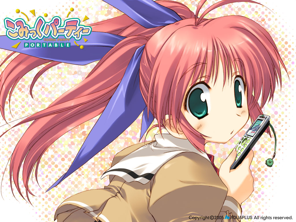 tachikawa ikumi, yoshio (leaf), comic party, 00s, 1girl, blush, cellphone, female focus, green eyes, hair ribbon, phone, pink hair, ribbon, school uniform, solo, twintails