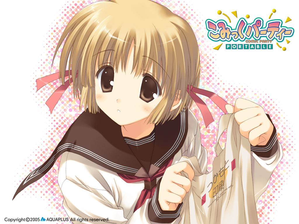 tsukamoto chisa, comic party, 00s, 1girl, bag, blonde hair, copyright name, female focus, holding, holding bag, neckerchief, red neckerchief, ribbon, school uniform, serafuku, short hair, solo